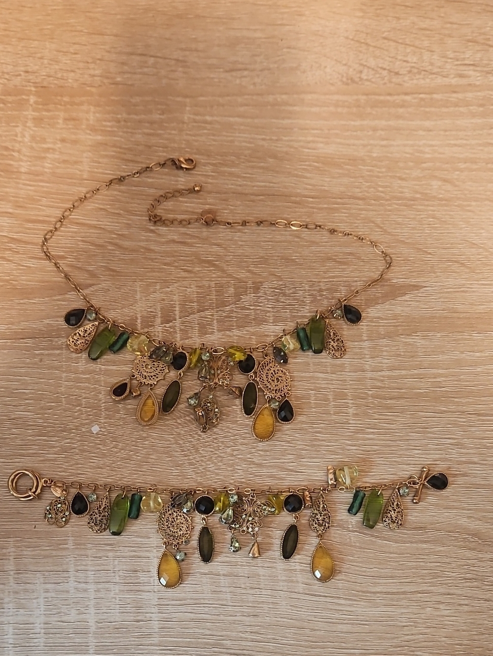 Gold-Tone Green & Yellow Gemstone Charm Necklace and Bracelet Set